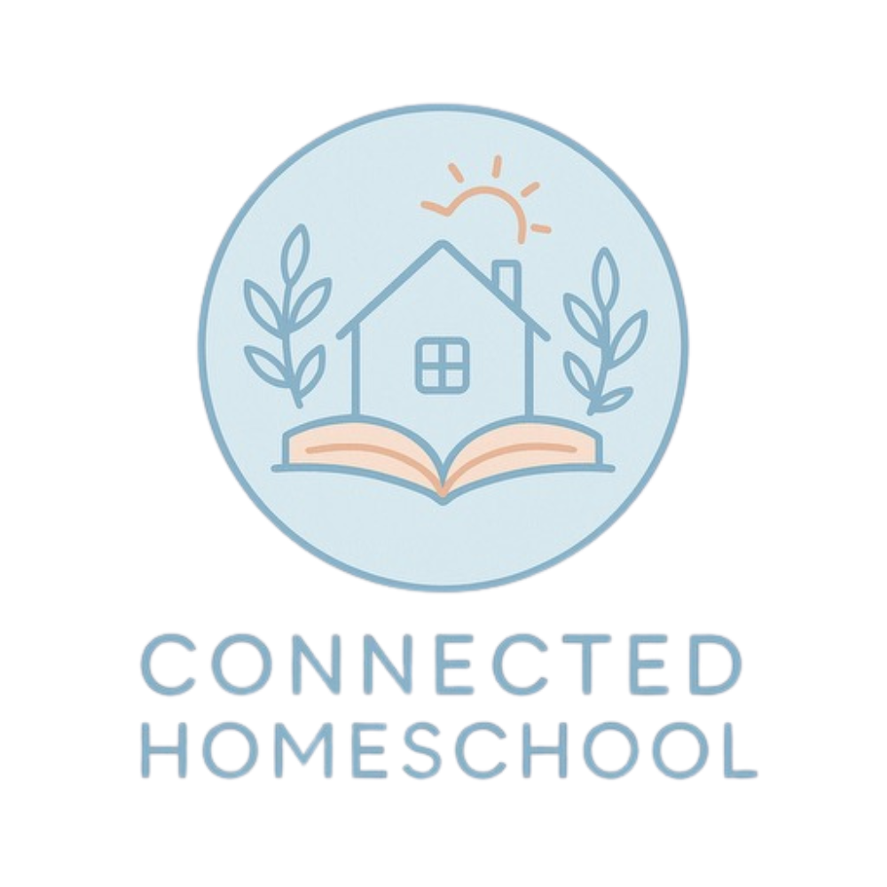 Connected Homeschool logo: a house and open book inside a soft blue circle